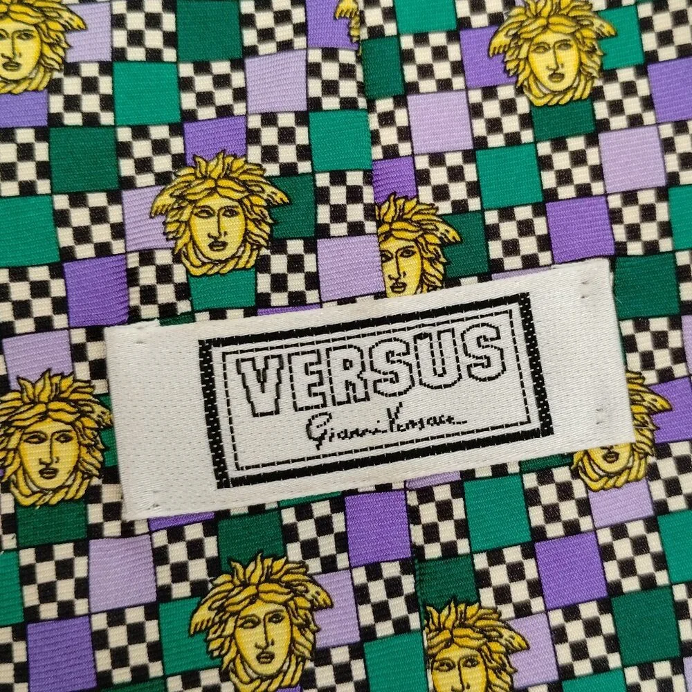 Vintage Gianni Versace Medusa Silk Tie Purple Check